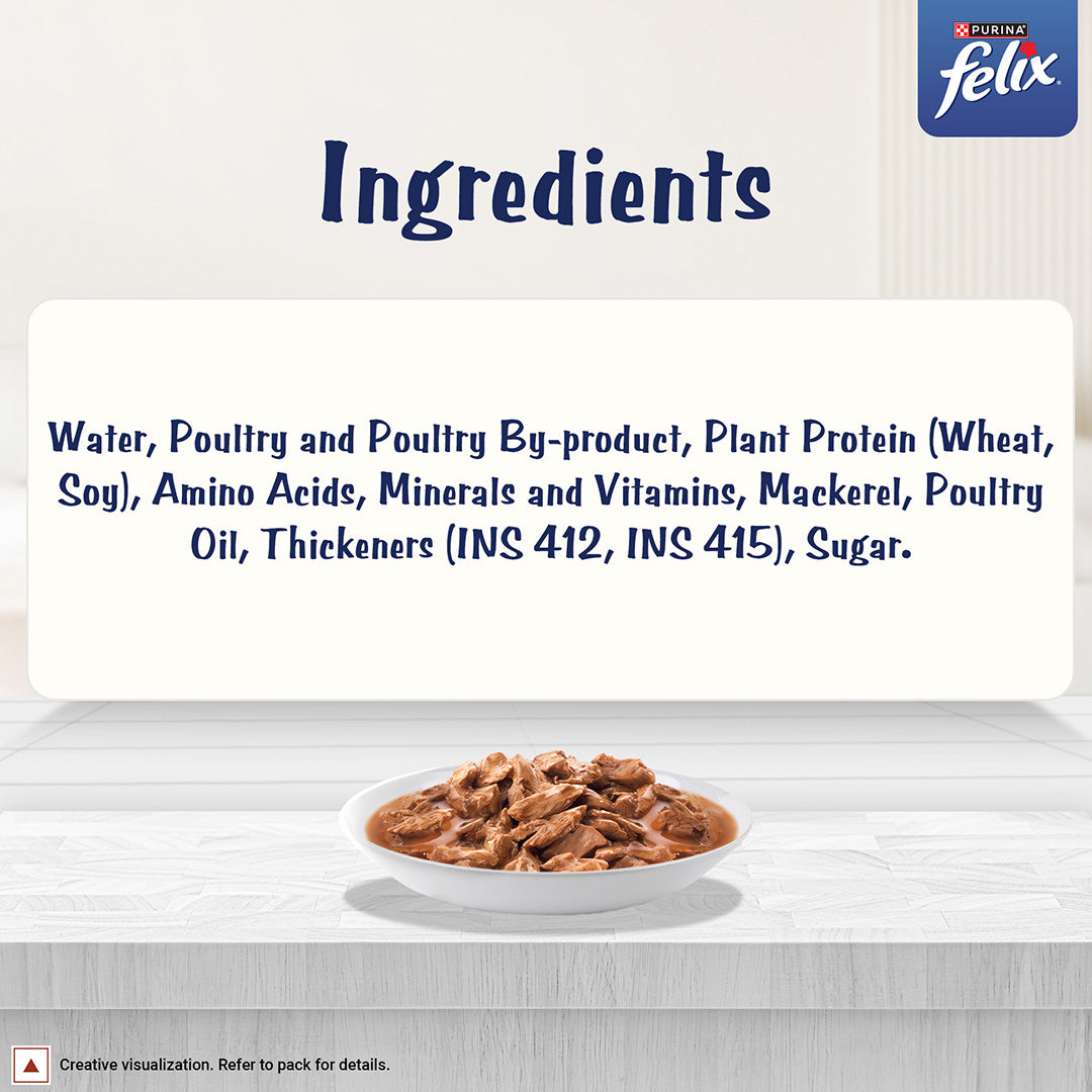Purina Felix Gravy Lover, Tasty & Real Meaty Mackerel Chunks, Wet Cat Food, Balanced Nutrition, 24 Months, Pack of 12 Pouches (12x70g) 