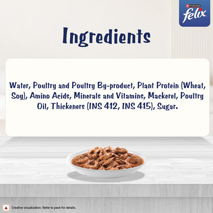 Purina Felix Gravy Lover, Tasty & Real Meaty Mackerel Chunks, Wet Cat Food, Balanced Nutrition, 24 Months, Pack of 12 Pouches (12x70g) 