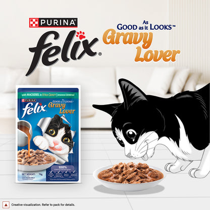 Purina Felix Gravy Lover, Tasty & Real Meaty Mackerel Chunks, Wet Cat Food, Balanced Nutrition, 24 Months, Pack of 12 Pouches (12x70g) 