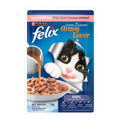 Purina Felix Gravy Lover, Tasty & Real Meaty Salmon Chunks, Wet Cat Food, Balanced Nutrition, 24 Months, 70g