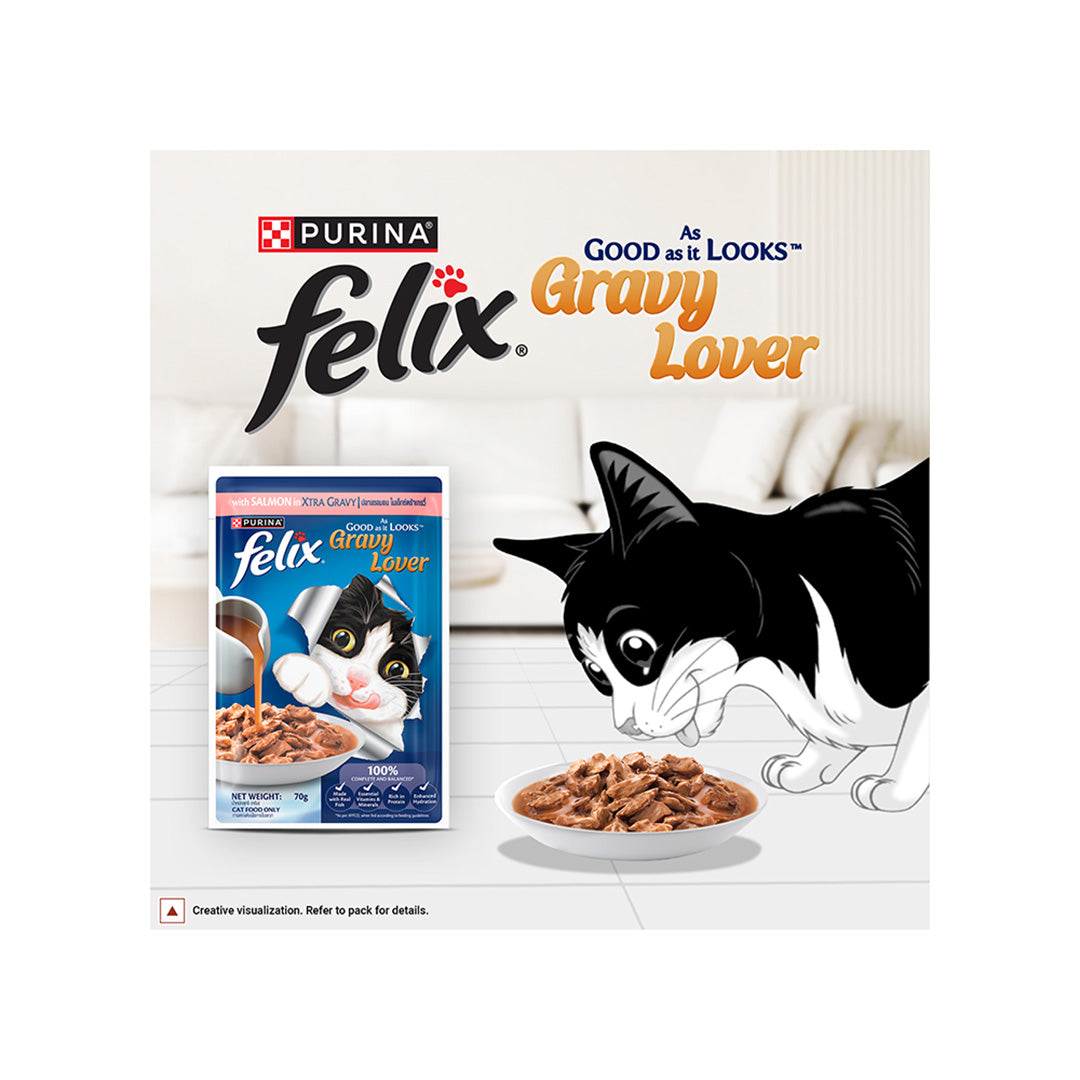 Purina Felix Gravy Lover, Tasty & Real Meaty Salmon Chunks, Wet Cat Food, Balanced Nutrition, 24 Months, 70g