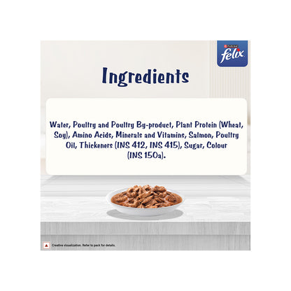 Purina Felix Gravy Lover, Tasty & Real Meaty Salmon Chunks, Wet Cat Food, Balanced Nutrition, 24 Months, 70g