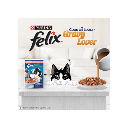 Purina Felix Gravy Lover, Tasty & Real Meaty Salmon Chunks, Wet Cat Food, Balanced Nutrition, 24 Months, 70g