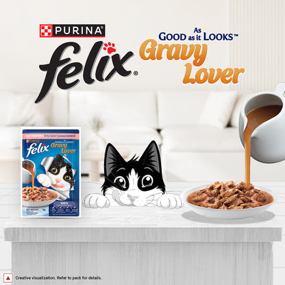 Purina Felix Gravy Lover, Tasty & Real Meaty Salmon Chunks, Wet Cat Food, Balanced Nutrition, 24 Months, Pack of 12 Pouches (12x70g) 