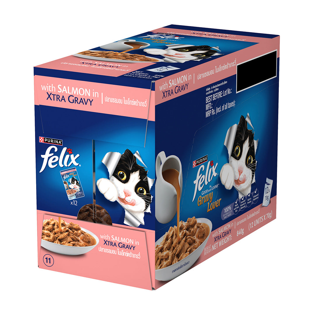 Purina Felix Gravy Lover, Tasty & Real Meaty Salmon Chunks, Wet Cat Food, Balanced Nutrition, 24 Months, Pack of 12 Pouches (12x70g) 