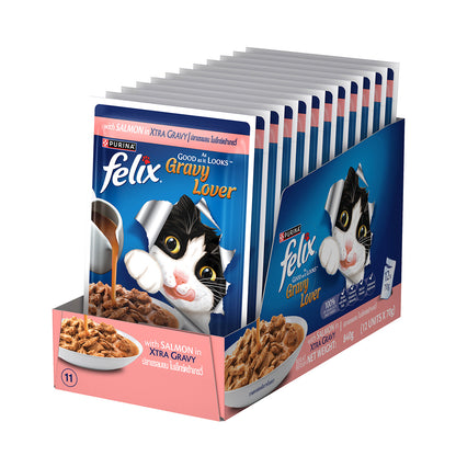 Purina Felix Gravy Lover, Tasty & Real Meaty Salmon Chunks, Wet Cat Food, Balanced Nutrition, 24 Months, Pack of 12 Pouches (12x70g) 