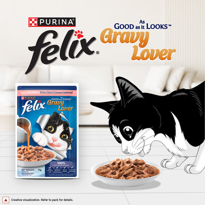 Purina Felix Gravy Lover, Tasty & Real Meaty Salmon Chunks, Wet Cat Food, Balanced Nutrition, 24 Months, Pack of 12 Pouches (12x70g) 