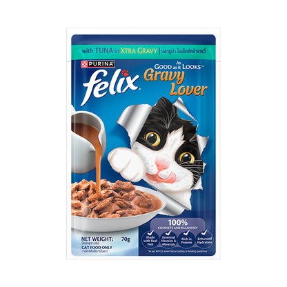 Purina Felix Gravy Lover, Tasty & Real Meaty Tuna Chunks, Wet Cat Food, Balanced Nutrition, 24 Months, 70g
