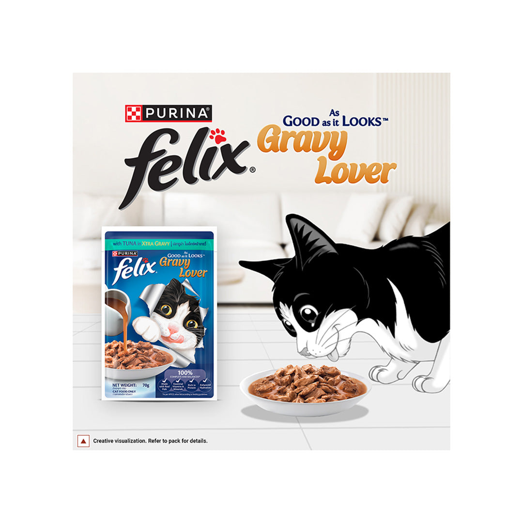 Purina Felix Gravy Lover, Tasty & Real Meaty Tuna Chunks, Wet Cat Food, Balanced Nutrition, 24 Months, 70g