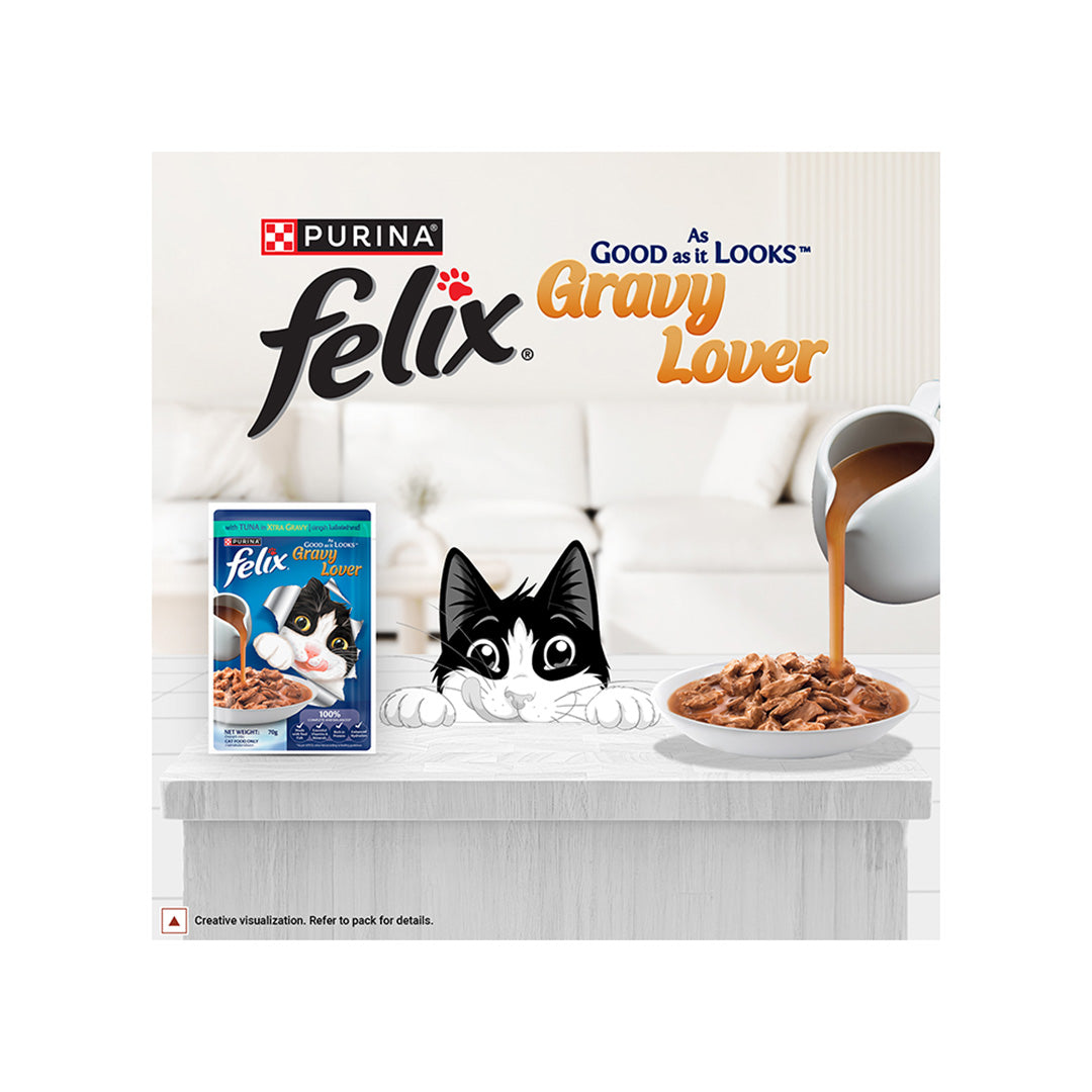 Purina Felix Gravy Lover, Tasty & Real Meaty Tuna Chunks, Wet Cat Food, Balanced Nutrition, 24 Months, 70g