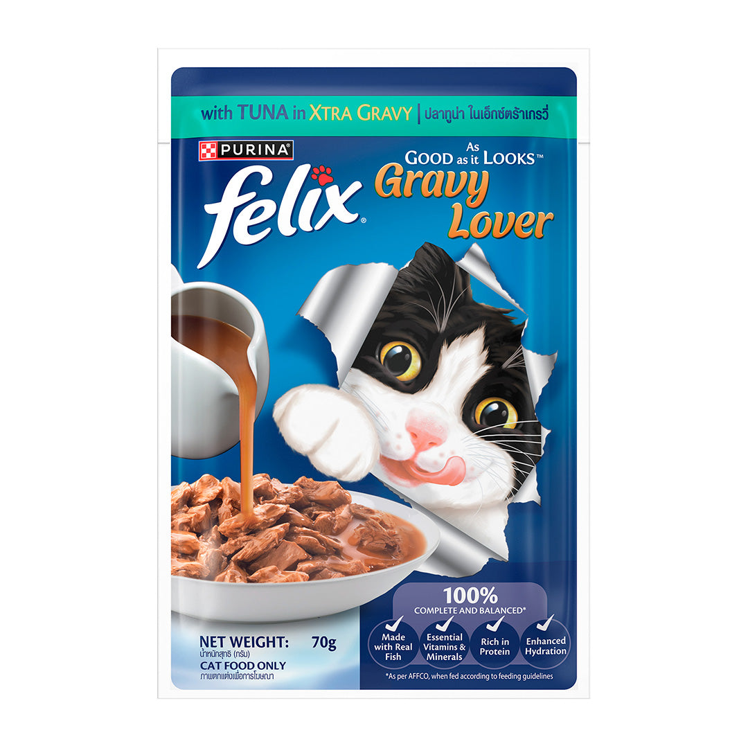 Purina Felix Gravy Lover, Tasty & Real Meaty Tuna Chunks, Wet Cat Food, Balanced Nutrition, 24 Months, Pack of 12 Pouches (12x70g) 