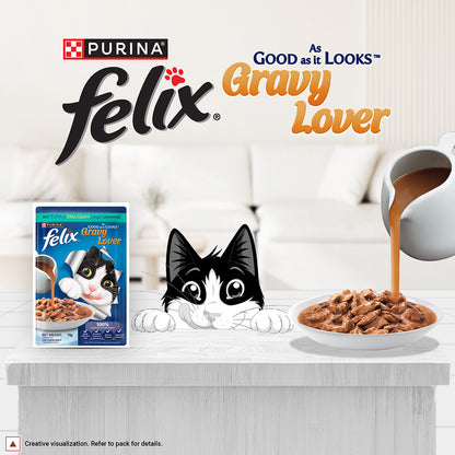 Purina Felix Gravy Lover, Tasty & Real Meaty Tuna Chunks, Wet Cat Food, Balanced Nutrition, 24 Months, Pack of 12 Pouches (12x70g) 