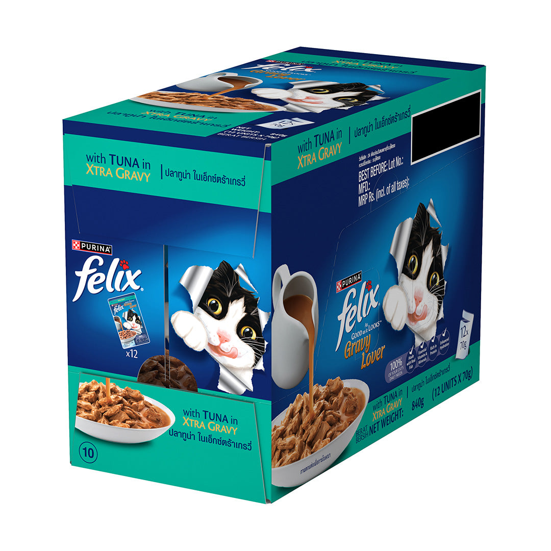 Purina Felix Gravy Lover, Tasty & Real Meaty Tuna Chunks, Wet Cat Food, Balanced Nutrition, 24 Months, Pack of 12 Pouches (12x70g) 