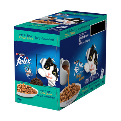 Purina Felix Gravy Lover, Tasty & Real Meaty Tuna Chunks, Wet Cat Food, Balanced Nutrition, 24 Months, Pack of 12 Pouches (12x70g) 