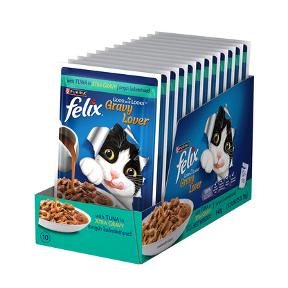 Purina Felix Gravy Lover, Tasty & Real Meaty Tuna Chunks, Wet Cat Food, Balanced Nutrition, 24 Months, Pack of 12 Pouches (12x70g) 