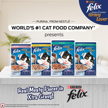Purina Felix Gravy Lover, Tasty & Real Meaty Tuna Chunks, Wet Cat Food, Balanced Nutrition, 24 Months, Pack of 12 Pouches (12x70g) 