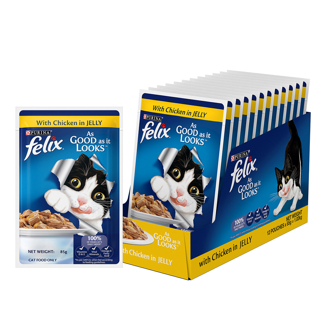 Purina Felix with Chicken in Jelly | Wet Food for Adults | Complete and Balanced Cat Food, Pack of 12 Pouches (12 x 85 g)