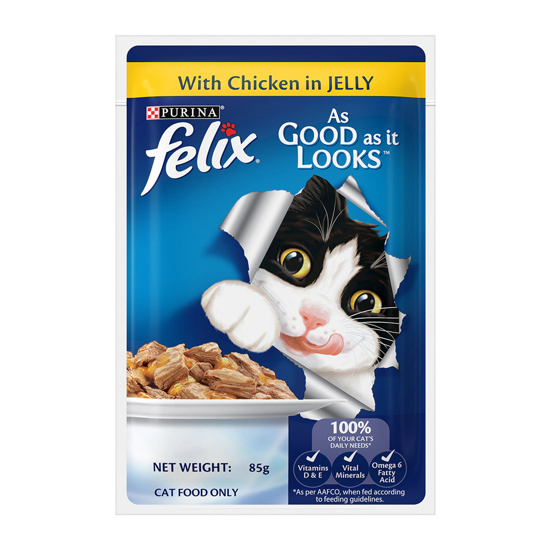 Purina Felix with Chicken in Jelly | Wet Food for Adults | Complete and Balanced Cat Food, Pack of 12 Pouches (12 x 85 g)