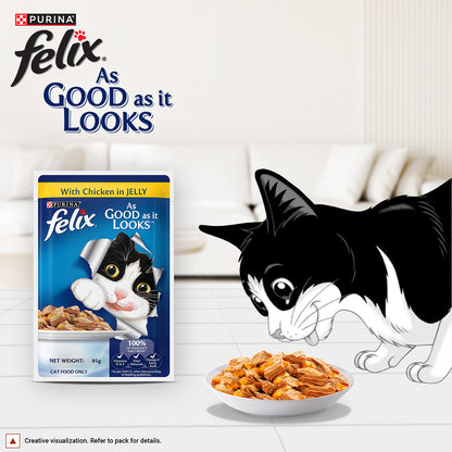 Purina Felix with Chicken in Jelly | Wet Food for Adults | Complete and Balanced Cat Food, Pack of 12 Pouches (12 x 85 g)