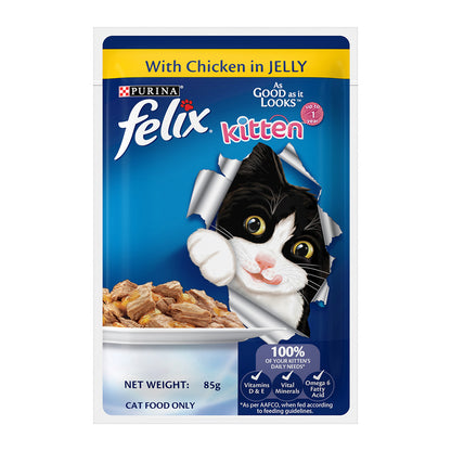 Purina Felix with Chicken in Jelly | Wet Food for Kittens | Complete and Balanced Cat Food, Pack of 12 Pouches (12 x 85 g)