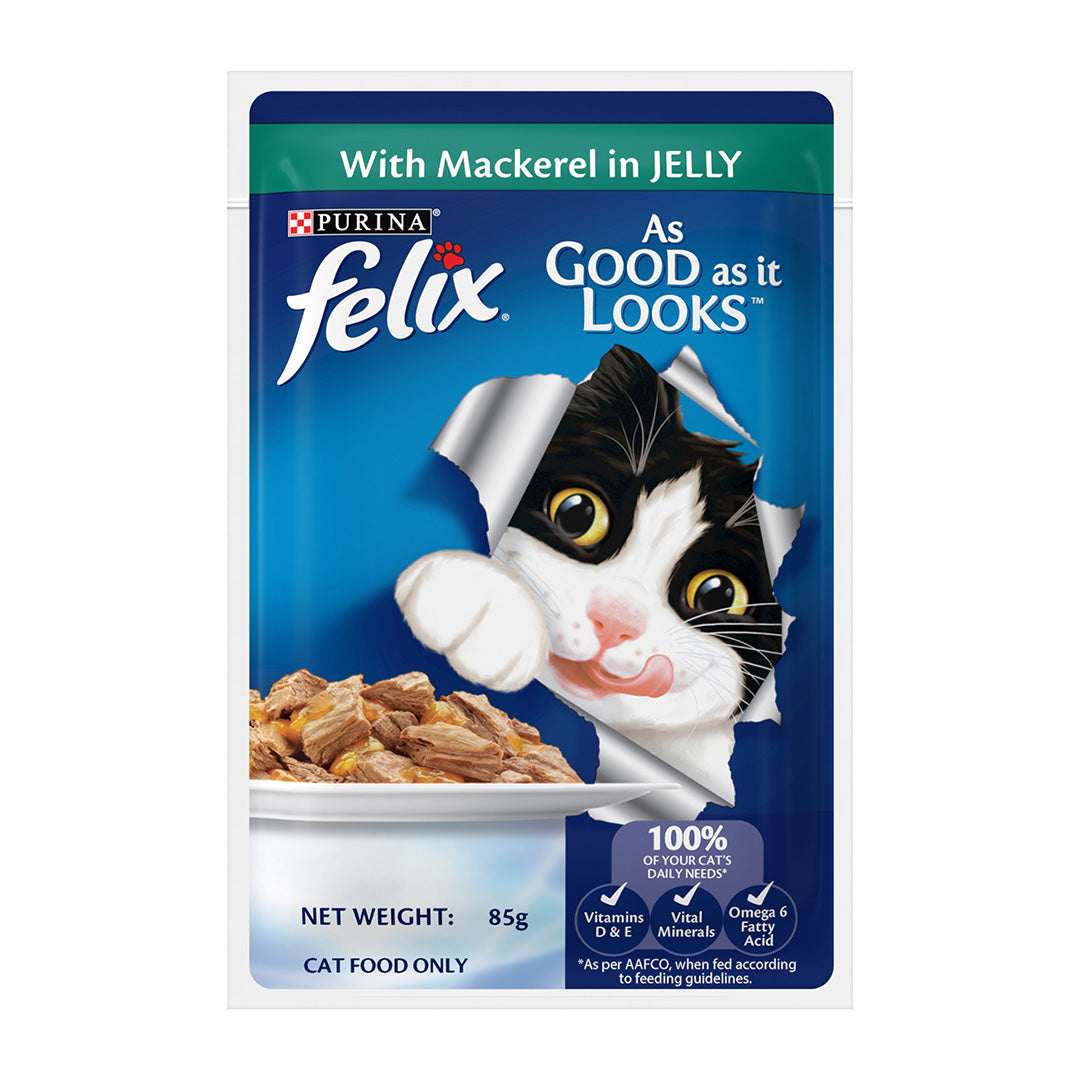 Purina Felix with Mackerel in Jelly | Wet Food for Adults | Complete and Balanced Cat Food, Pack of 12 Pouches (12 x 85 g)