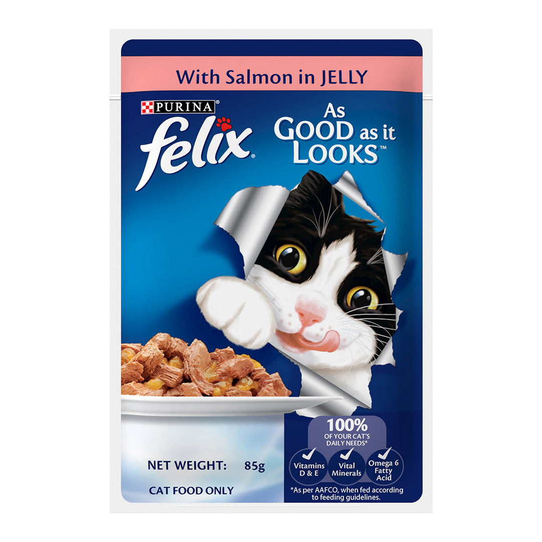 Purina Felix with Salmon in Jelly | Wet Food for Adults | Complete and Balanced Cat Food, Pack of 12 Pouches (12 x 85 g)