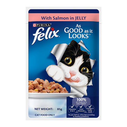 Purina Felix with Salmon in Jelly | Wet Food for Adults | Complete and Balanced Cat Food, Pack of 12 Pouches (12 x 85 g)
