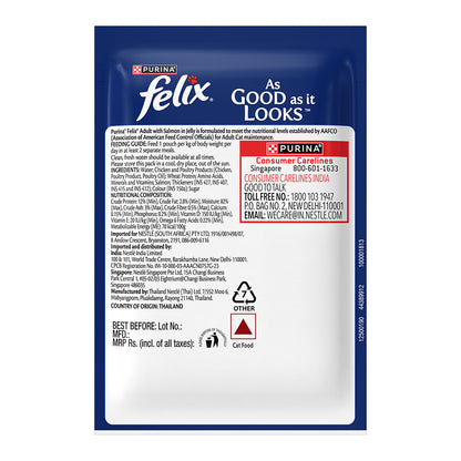 Purina Felix with Salmon in Jelly | Wet Food for Adults | Complete and Balanced Cat Food, Pack of 12 Pouches (12 x 85 g)