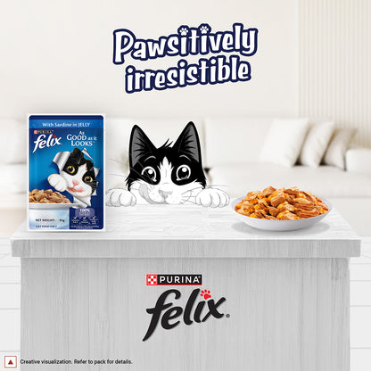 Purina Felix with Sardine in Jelly | Wet Food for Adults | Complete and Balanced Cat Food, Pack of 12 Pouches (12 x 85 g)