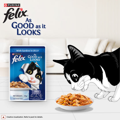 Purina Felix with Sardine in Jelly | Wet Food for Adults | Complete and Balanced Cat Food, Pack of 12 Pouches (12 x 85 g)
