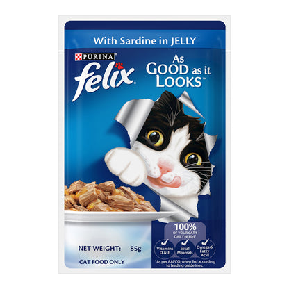 Purina Felix with Sardine in Jelly | Wet Food for Adults | Complete and Balanced Cat Food, Pack of 12 Pouches (12 x 85 g)
