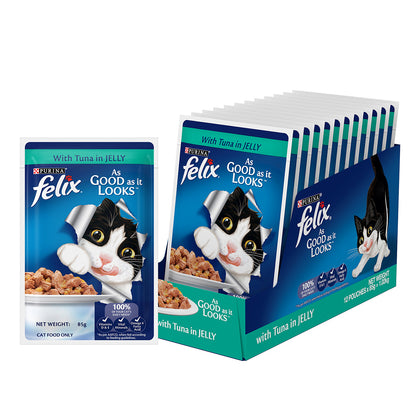 Purina Felix with Tuna in Jelly | Wet Food for Adults | Complete and Balanced Cat Food, Pack of 12 Pouches (12 x 85 g)