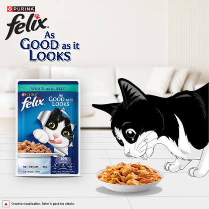 Purina Felix with Tuna in Jelly | Wet Food for Adults | Complete and Balanced Cat Food, Pack of 12 Pouches (12 x 85 g)