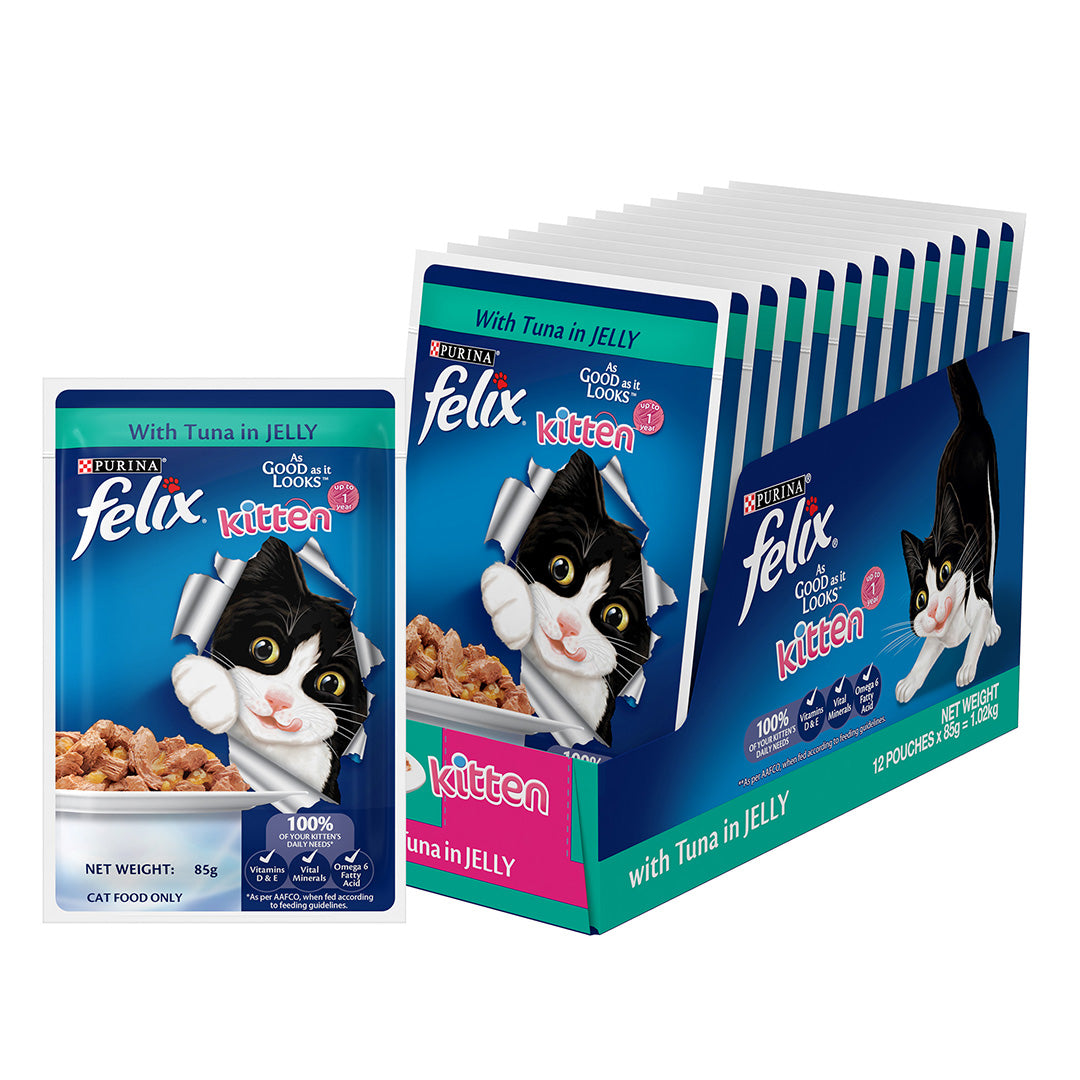 Purina Felix with Tuna in Jelly | Wet Food for Kittens | Complete and Balanced Cat Food, Pack of 12 Pouches (12 x 85 g)