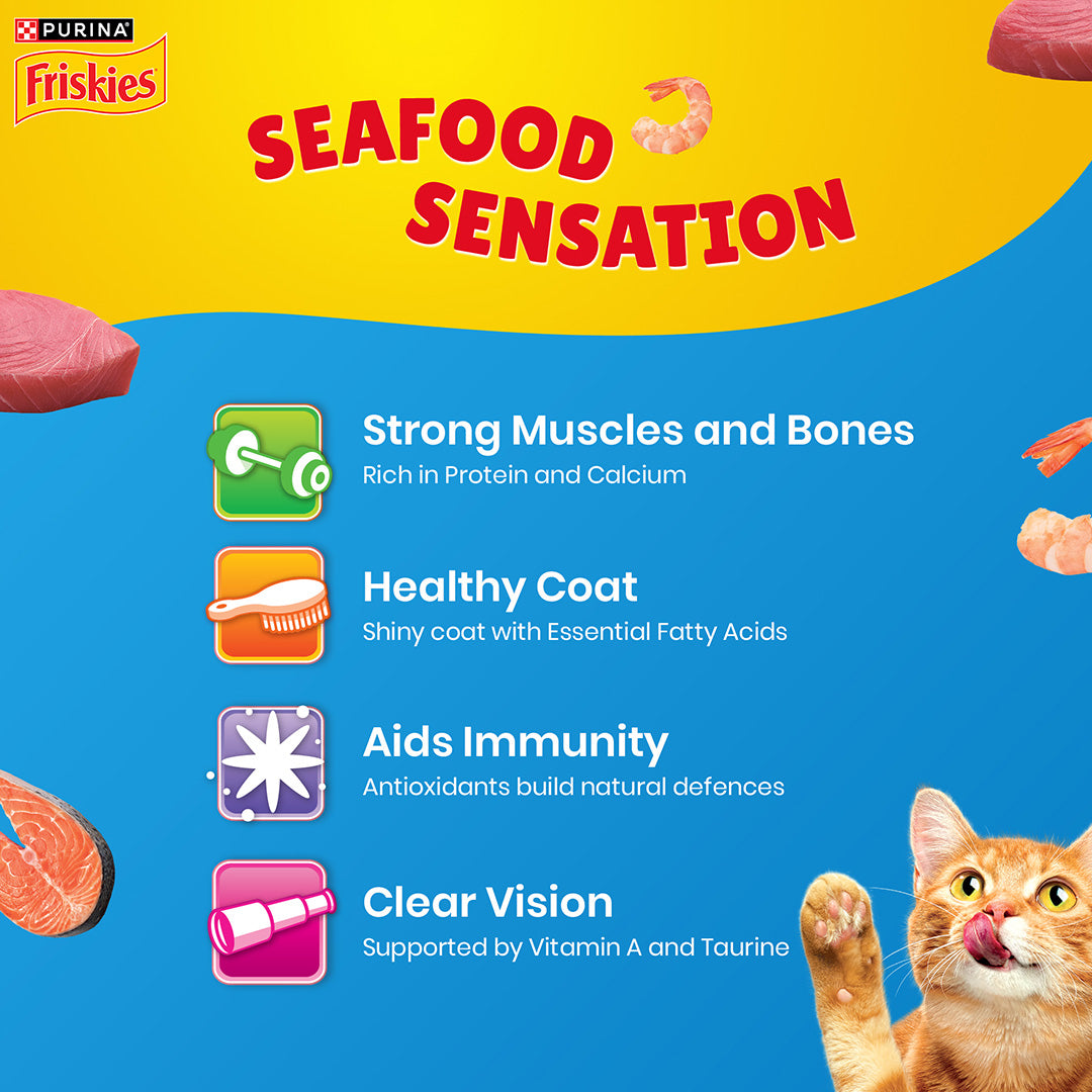 Purina Friskies Seafood Sensations Adult Dry Cat Food, 2.5kg, Contains Tuna, Salmon, Snapper, Crab & Shrimp Flavours