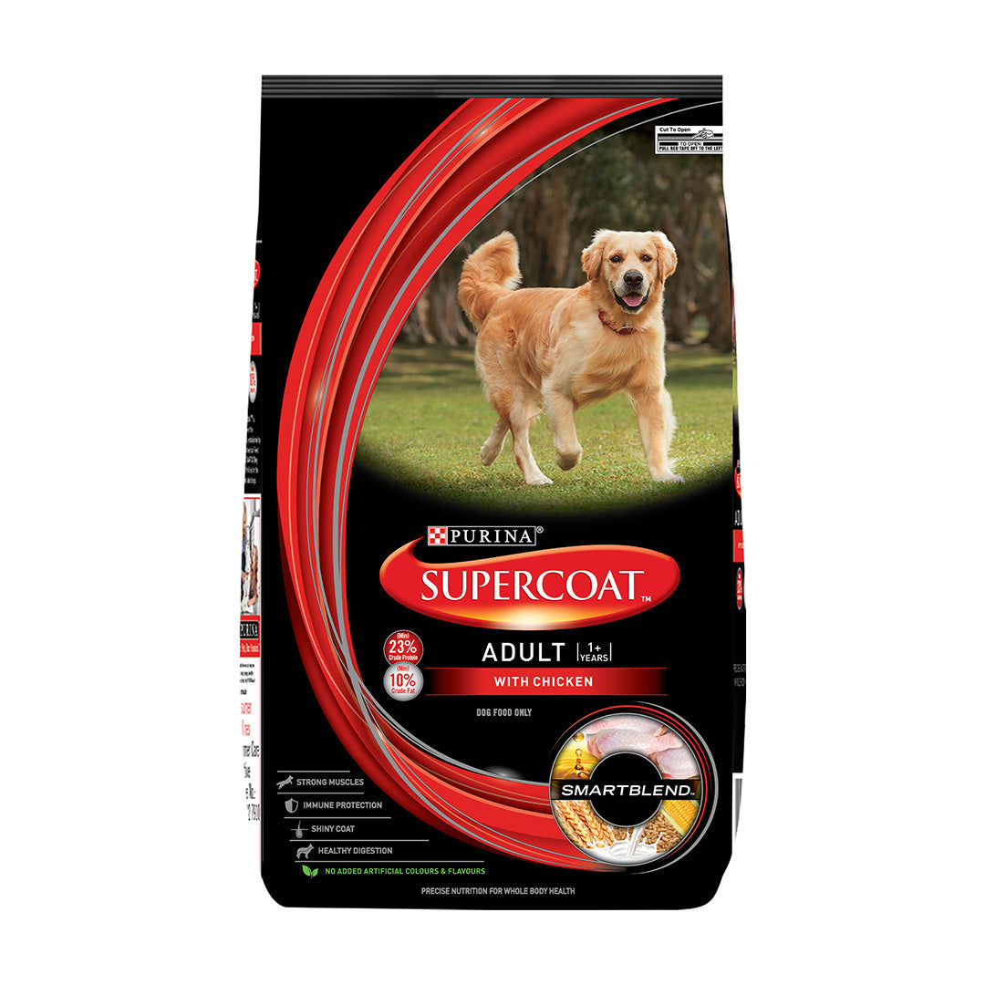 Purina SUPERCOAT Adult Dry Dog Food, 1+ Years, With Chicken, Smartblend Precise Nutrition for Whole Body Health, No Artificial Colours & Flavours, 10Kg Bag