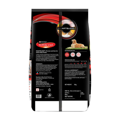 Purina SUPERCOAT Adult Dry Dog Food, 1+ Years, With Chicken, Smartblend Precise Nutrition for Whole Body Health, No Artificial Colours & Flavours, 10Kg Bag
