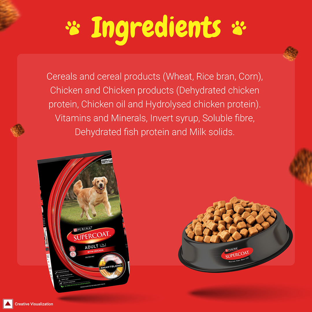 Purina SUPERCOAT Adult Dry Dog Food, 1+ Years, With Chicken, Smartblend Precise Nutrition for Whole Body Health, No Artificial Colours & Flavours, 10Kg Bag