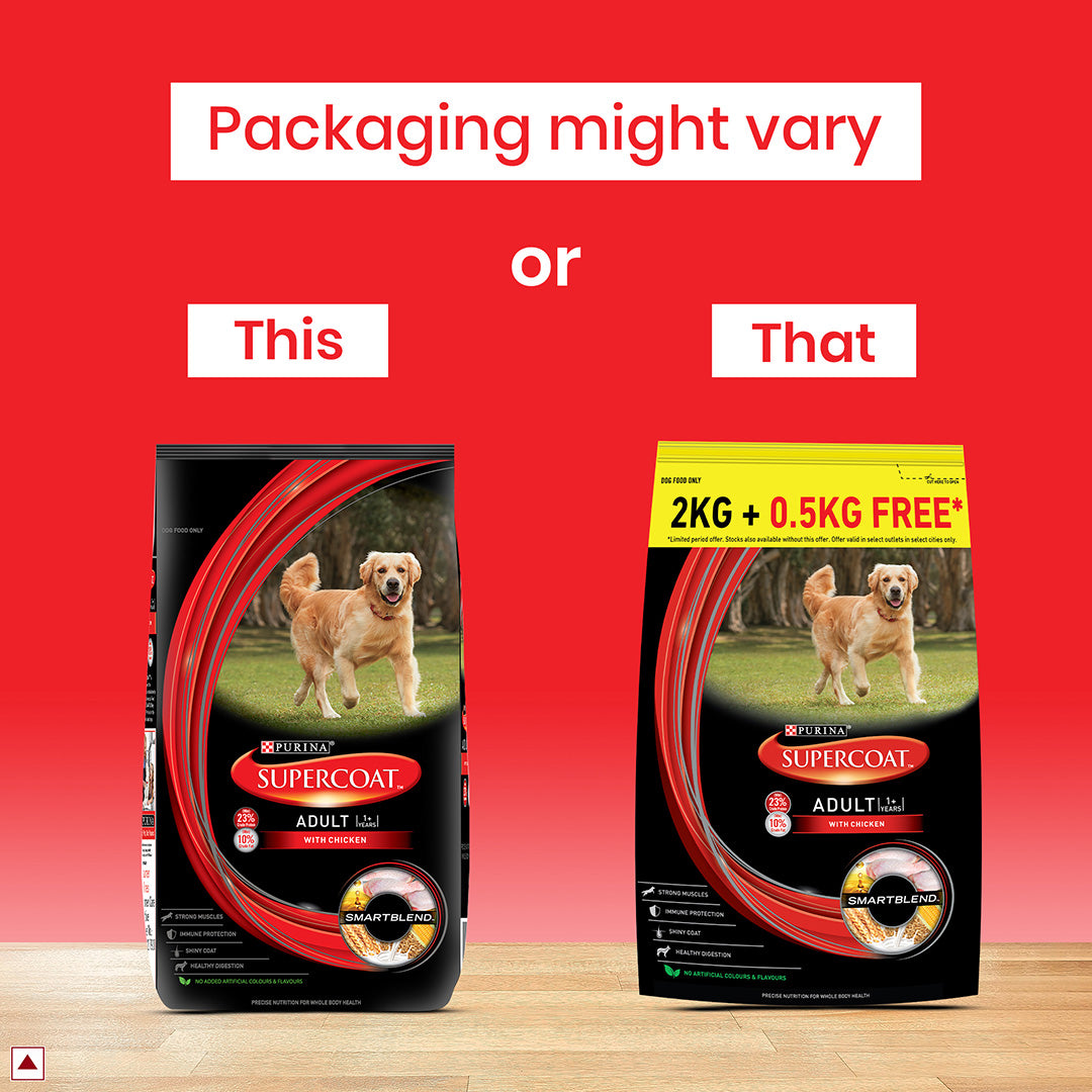 Purina SUPERCOAT Adult Dry Dog Food, 1+ Years, With Chicken, Smartblend Precise Nutrition for Whole Body Health, No Artificial Colours & Flavours, 2.5 Kg