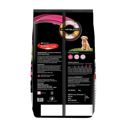 Purina SUPERCOAT Puppy Dry Dog Food, Up To 12 Months, With Chicken, Smartblend Precise Nutrition for Whole Body Health, No Artificial Colours & Flavours, 10Kg Bag