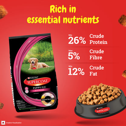 Purina SUPERCOAT Puppy Dry Dog Food, Up To 12 Months, With Chicken, Smartblend Precise Nutrition for Whole Body Health, No Artificial Colours & Flavours, 10Kg Bag