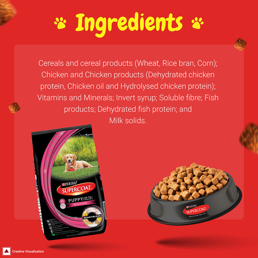 Purina SUPERCOAT Puppy Dry Dog Food, Up To 12 Months, With Chicken, Smartblend Precise Nutrition for Whole Body Health, No Artificial Colours & Flavours, 2.5 kg