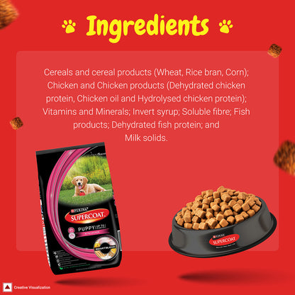 Purina SUPERCOAT Puppy Dry Dog Food, Up To 12 Months, With Chicken, Smartblend Precise Nutrition for Whole Body Health, No Artificial Colours & Flavours, 2.5 kg