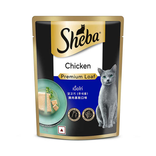 Sheba Fine Premium Adult (1+ Years) Wet Cat Food, Chicken Premium Loaf, 70 g Pouch, High-moisture gravy cat food for healthy hydration