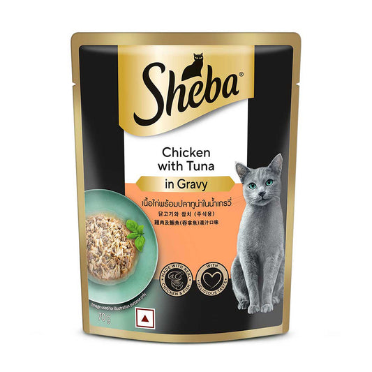 Sheba Fine Premium Adult (1+ Years) Wet Cat Food, Chicken with Tuna in Gravy, 70 g Pouch, High-moisture gravy cat food for healthy hydration