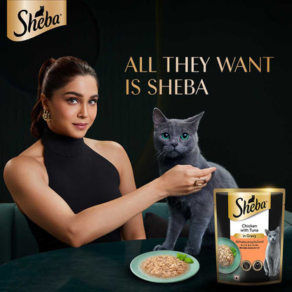 Sheba Fine Premium Adult (1+ Years) Wet Cat Food, Chicken with Tuna in Gravy, 70 g Pouch, High-moisture gravy cat food for healthy hydration