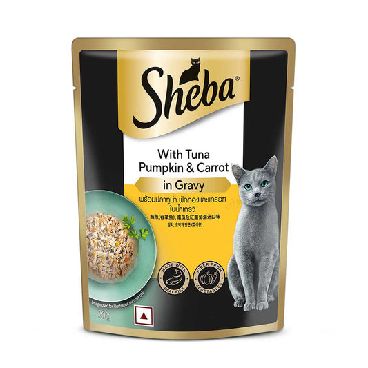 Sheba Fine Premium Adult (1+ Years) Wet Cat Food, Tuna Pumpkin & Carrot in Gravy, 70 g Pouch, High-moisture gravy cat food for healthy hydration
