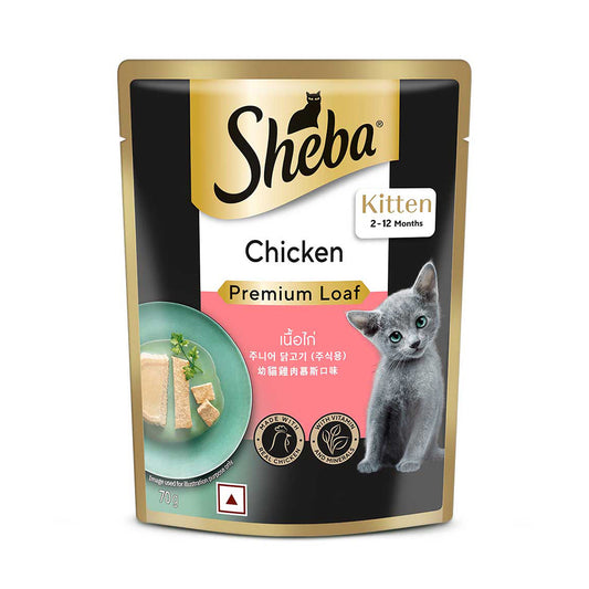Sheba Fine Premium Kitten (2-12 months) Wet Cat Food, Chicken Premium Loaf, 70 g Pouch, High-moisture gravy kitten cat food for healthy hydration