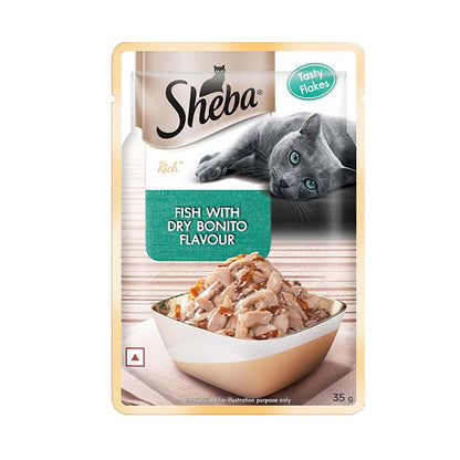 Sheba Rich Premium Adult (1+ Years) Wet Cat Food, Fish with Dry Bonito Flavour, 35 g Pouch, High-moisture wet food for healthy hydration