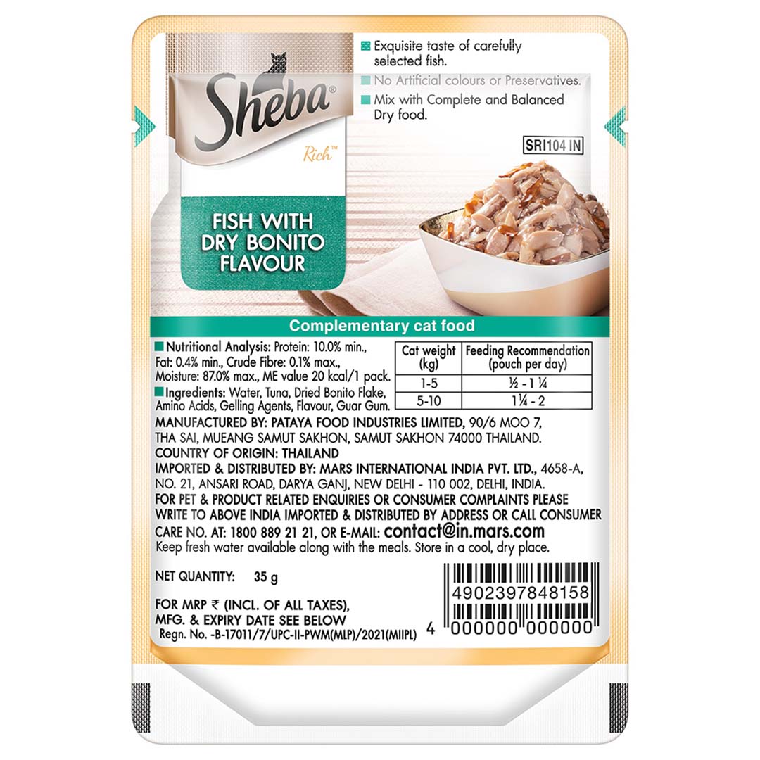 Sheba Rich Premium Adult (1+ Years) Wet Cat Food, Fish with Dry Bonito Flavour, 35 g Pouch, High-moisture wet food for healthy hydration